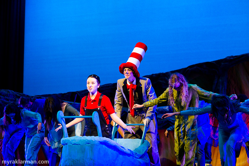 Pioneer Theatre Guild: Seussical | The thinkful Jojo (Hannah Hesseltine) and the mischievous Cat in the Hat (Russell Norris) imagine that Jojo’s bathtub is McElligot’s pool in “It’s Possible.”