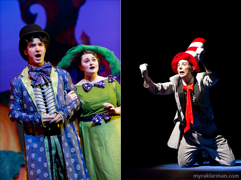 Pioneer Theatre Guild: Seussical | Mayor of Whoville and Mrs. Mayor (Ari Axelrod and Grace Gilmore) represent the Whos with colorful aplomb. | The Cat in the Hat (Russell Norris). Kudos to Russell for nailing dozens of impersonations in this role.